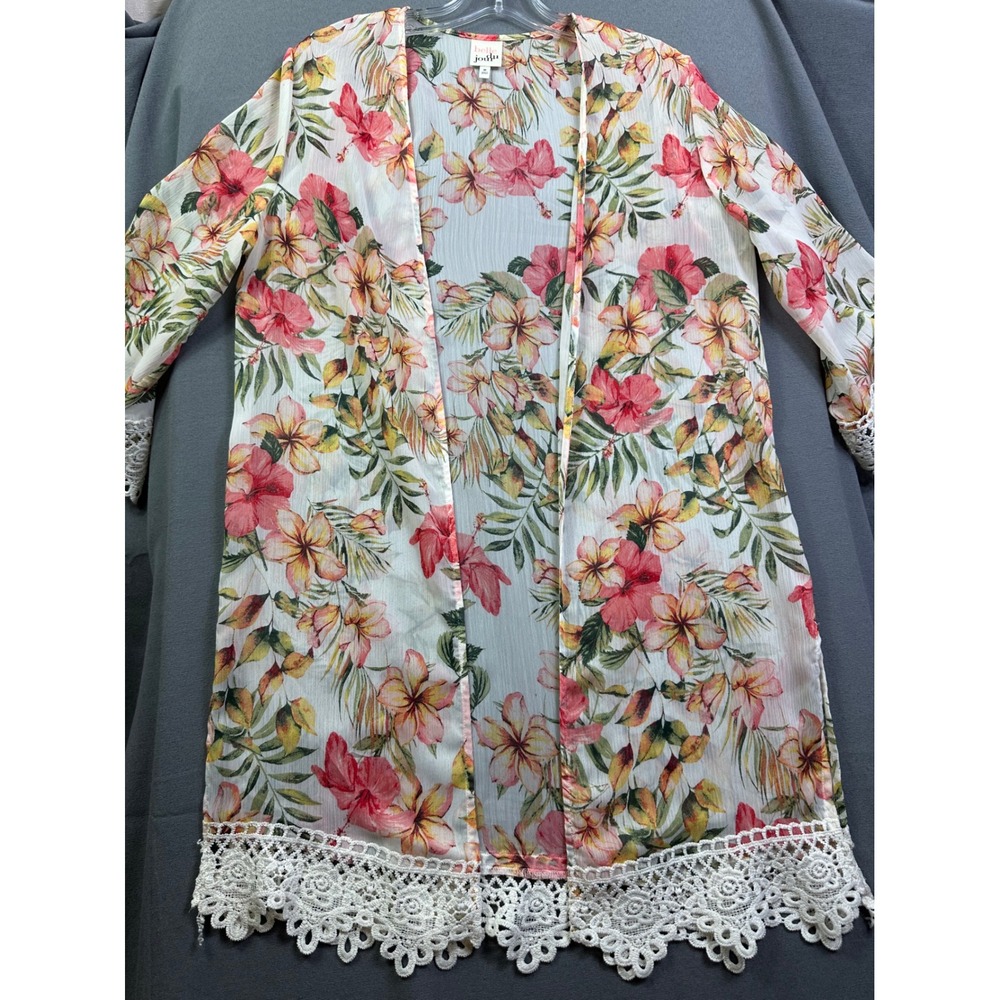 Belle du Jour Women‎ Tropical Floral Kimono Cardigan White Pink Lace Trim Medium